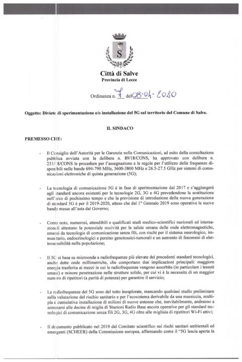 DIVIETO DI SPERIMENTAZIONE E/O INSTALLAZIONE 5G Ordinanza Sindacale n. 7 dell’8/4/2020