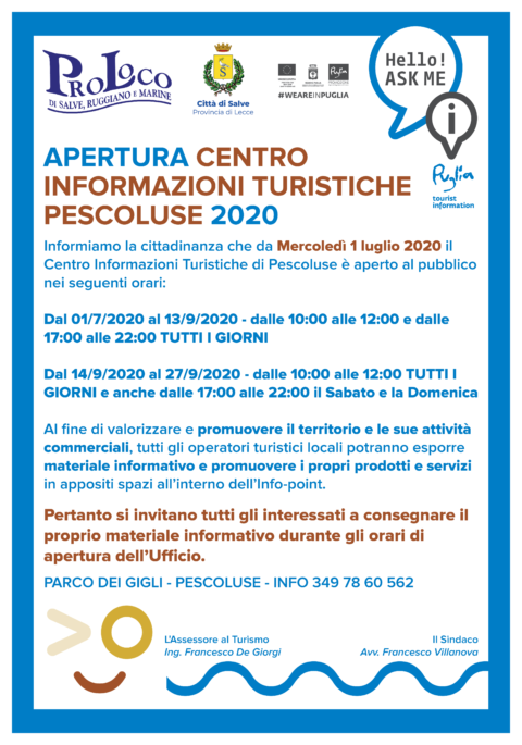 APERTURA CENTRO INFORMAZIONI TURISTICHE PESCOLUSE 2020