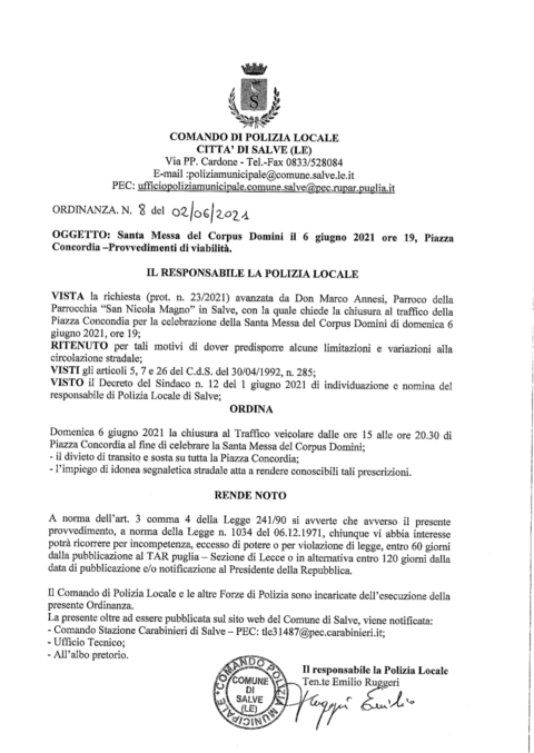 Ordinanza N.8 del 02/06/2021 – CHIUSURA AL TRAFFICO P.ZZA CONCORDIA