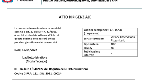 Applicazione Piano d’azione per contrastare la diffusione di Xylella fastidiosa in Puglia – Proroga al 20 aprile 2022