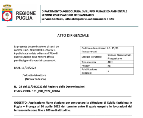 Applicazione Piano d’azione per contrastare la diffusione di Xylella fastidiosa in Puglia – Proroga al 20 aprile 2022