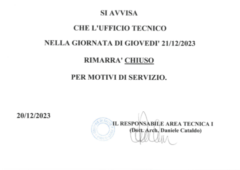 CHIUSURA STRAORDINARIA UFFICIO TECNICO per il giorno 21/12/2023